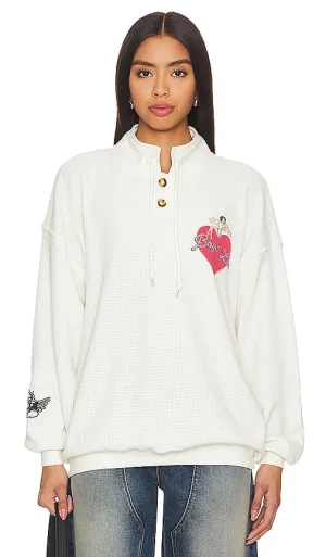 Boys Lie On The Edge Thermal Henley Crewneck in Cream