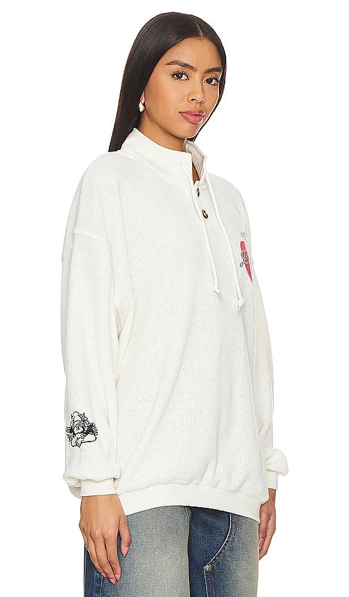 Boys Lie On The Edge Thermal Henley Crewneck in Cream