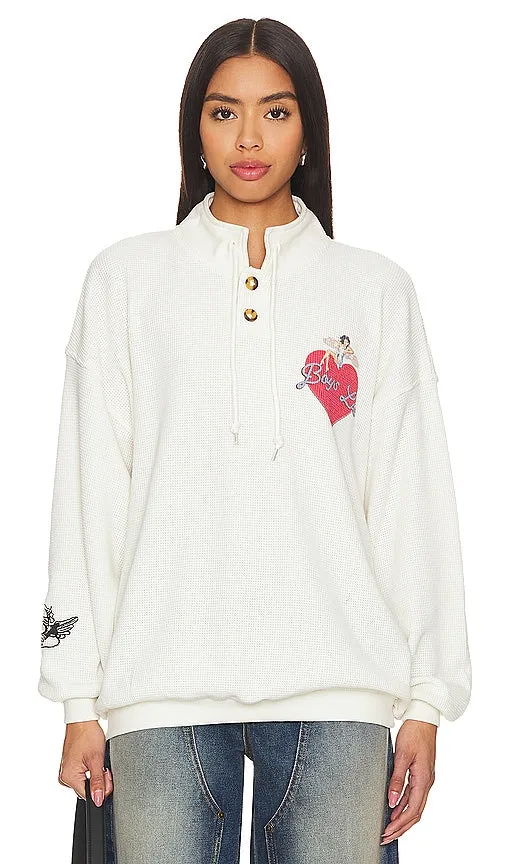 Boys Lie On The Edge Thermal Henley Crewneck in Cream