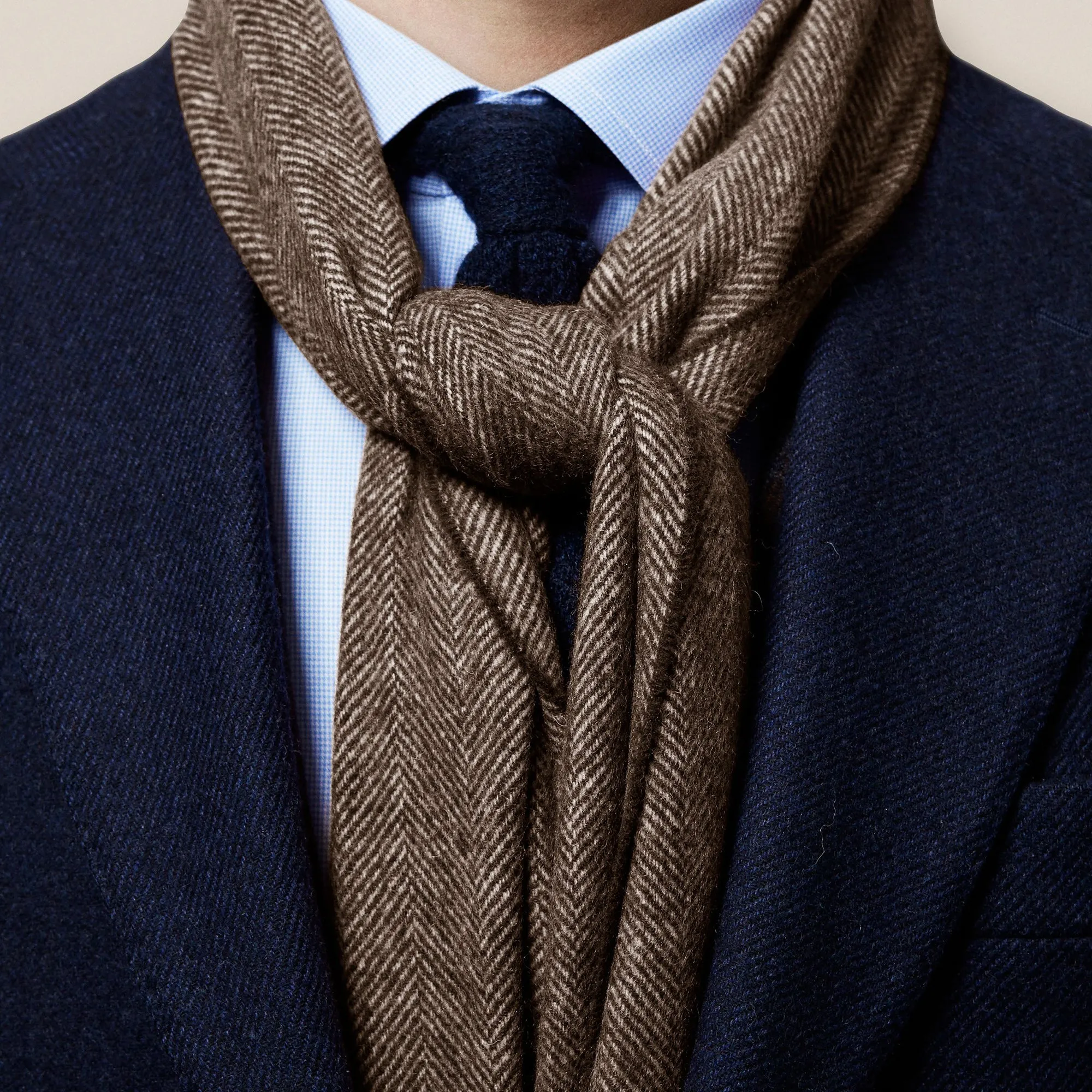 Brown Herringbone Pattern Merino Wool Scarf