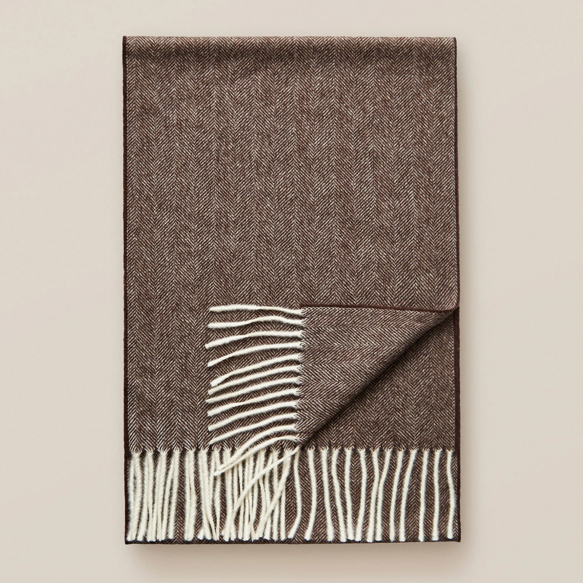 Brown Herringbone Pattern Merino Wool Scarf