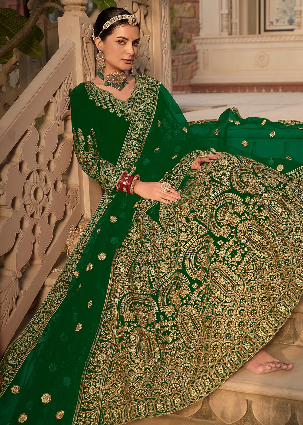 Green Velvet Front & Back Embroidery Wedding Anarkali Suit