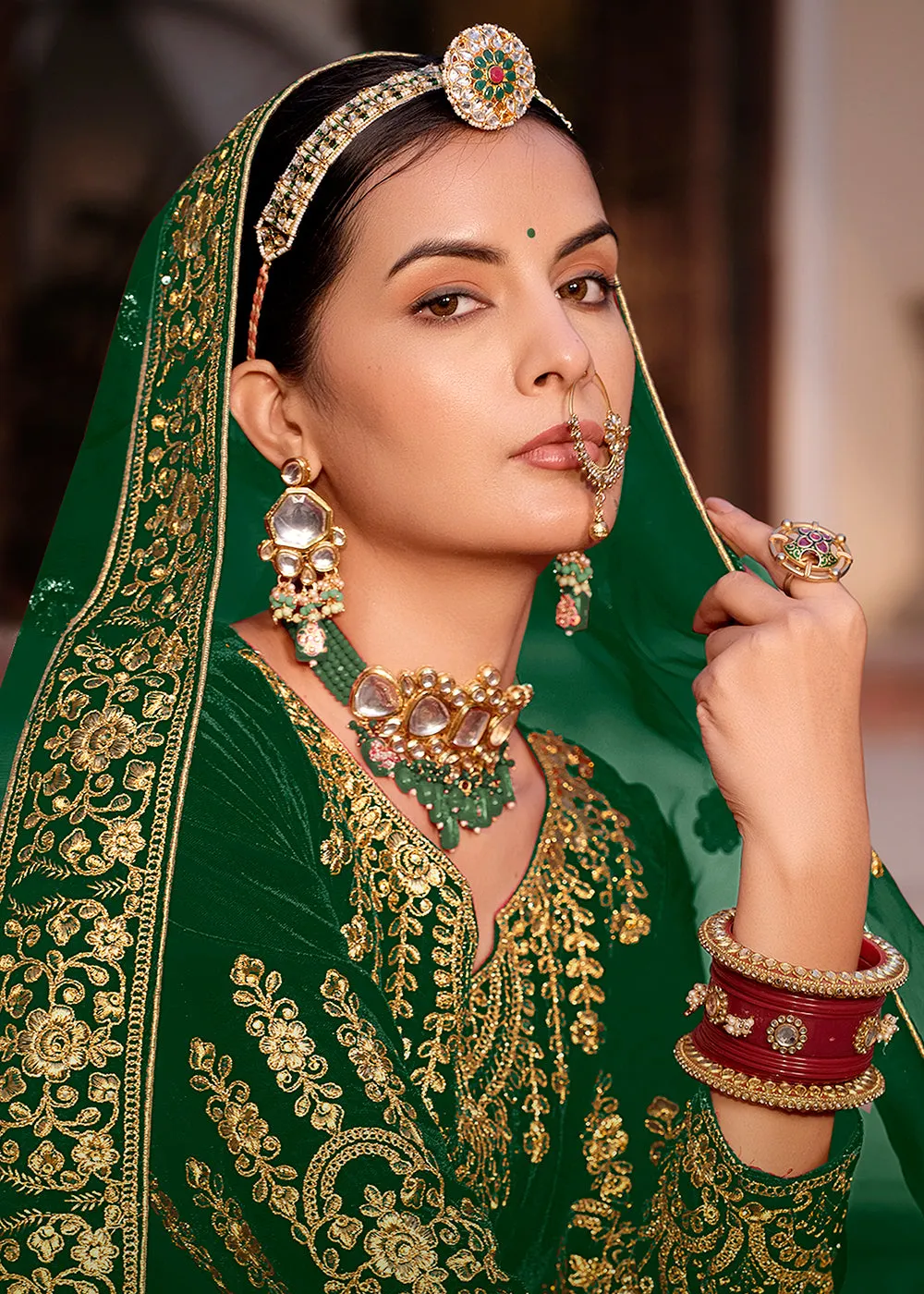Green Velvet Front & Back Embroidery Wedding Anarkali Suit