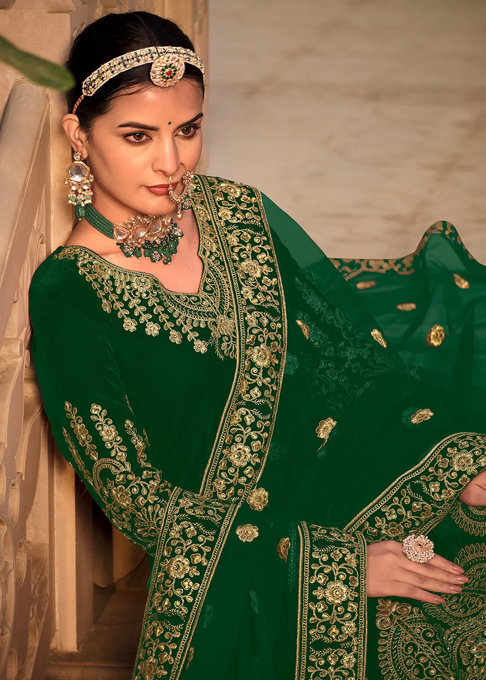 Green Velvet Front & Back Embroidery Wedding Anarkali Suit