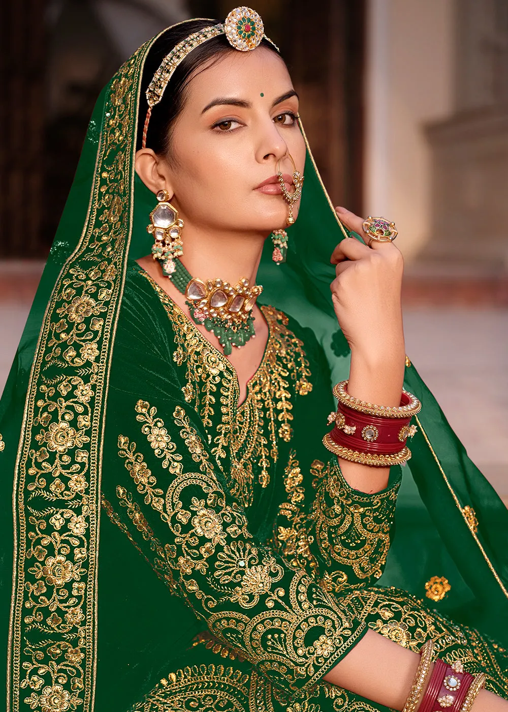 Green Velvet Front & Back Embroidery Wedding Anarkali Suit