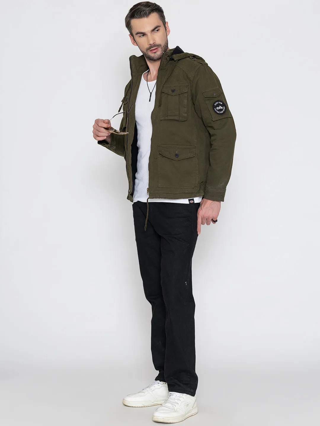 HUNTER GREEN DETACHABLE HOODED JACKET.