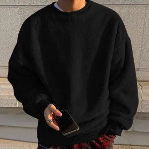Men's Fleece Oversized Solid Drop Shoulder Shirts Winter Long Sleeve round Neck Shirt Big and Tall Loose Fit Streetwear Tops Black 5XL