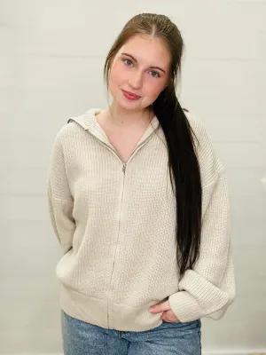 Oversized Taupe Knit Zip-Up Cardigan