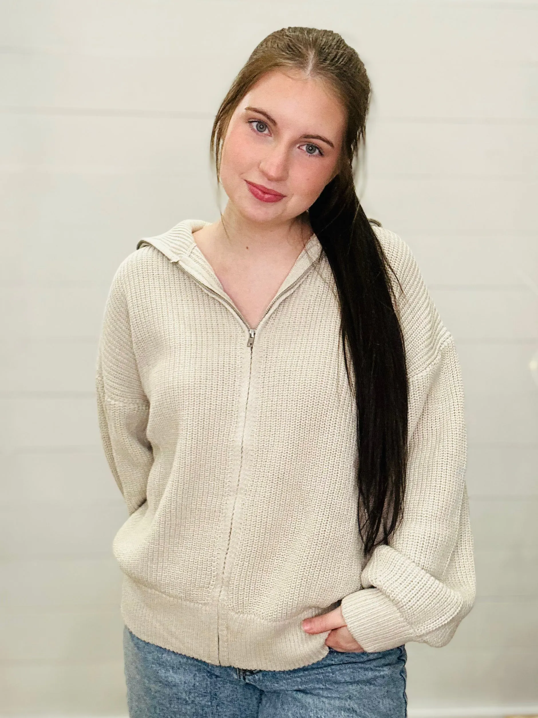 Oversized Taupe Knit Zip-Up Cardigan
