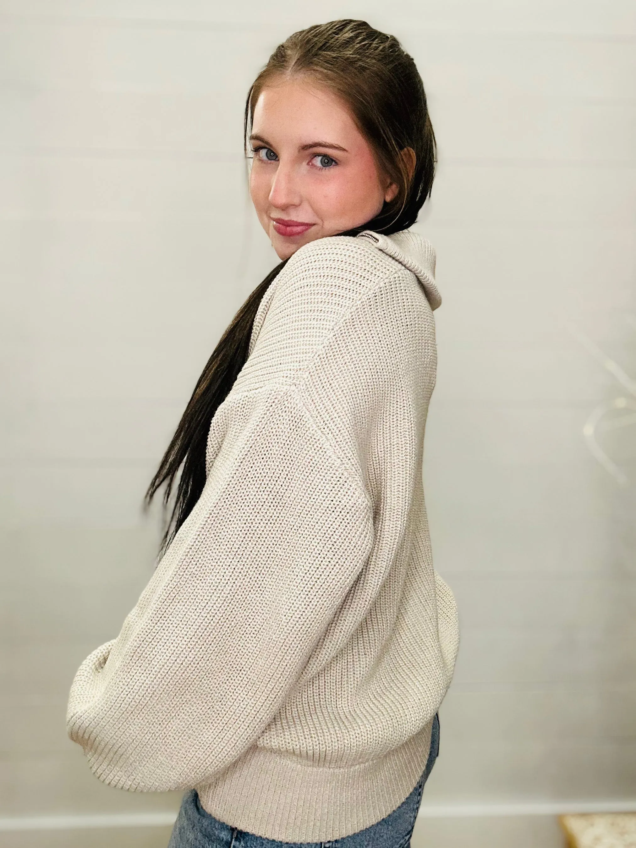 Oversized Taupe Knit Zip-Up Cardigan