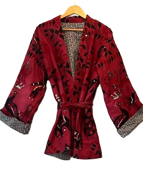 Stroller Length Jacket Enhanced With Mixed Mediums (Wine)