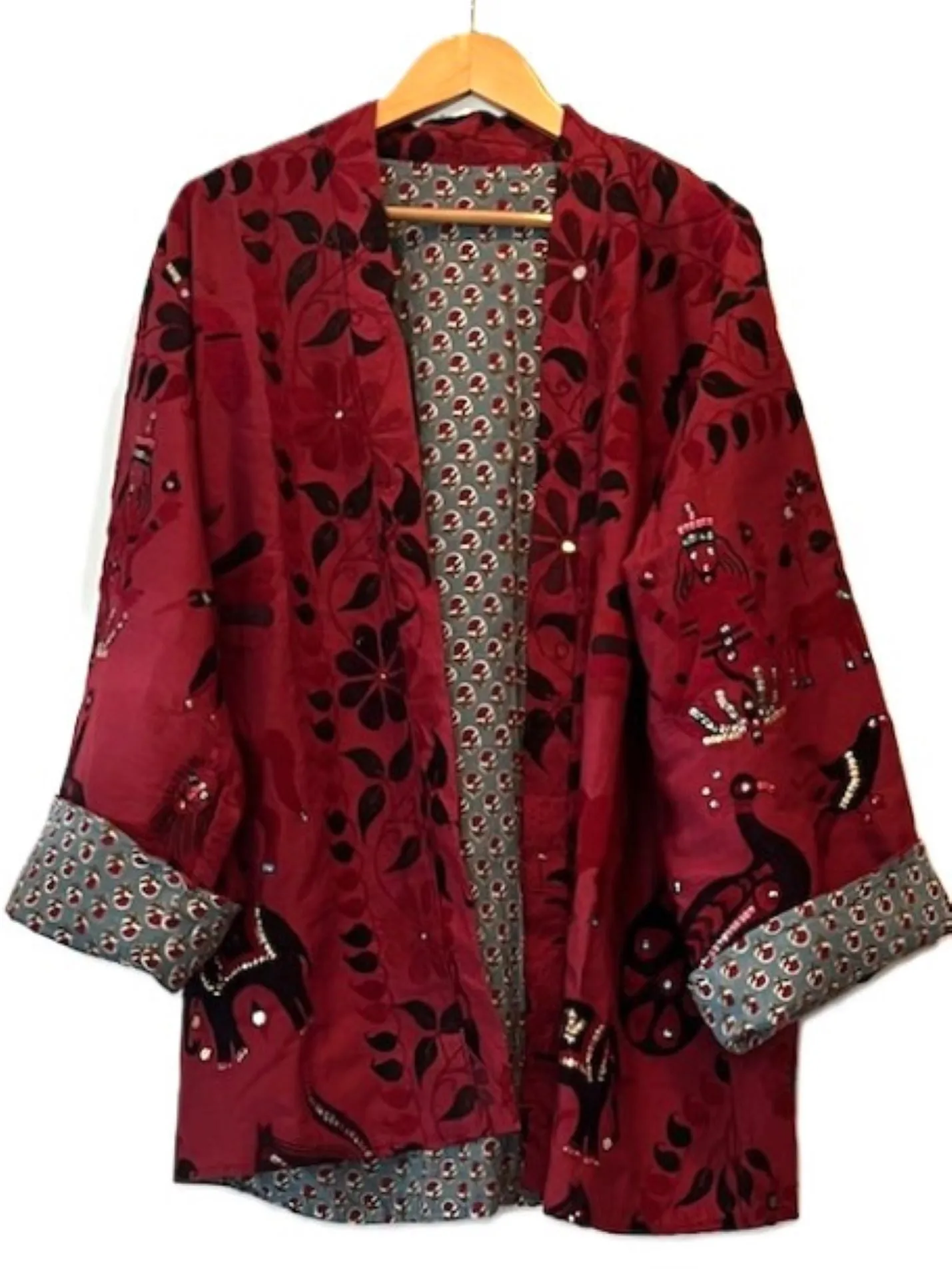 Stroller Length Jacket Enhanced With Mixed Mediums (Wine)